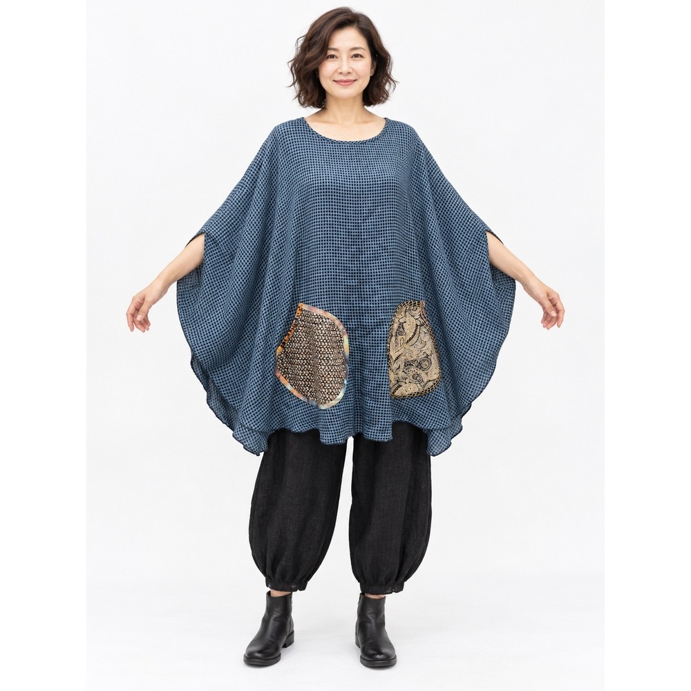 90's Poncho Top One Size Blue Black Check Mixed Media Pockets Lagenlook Artsy